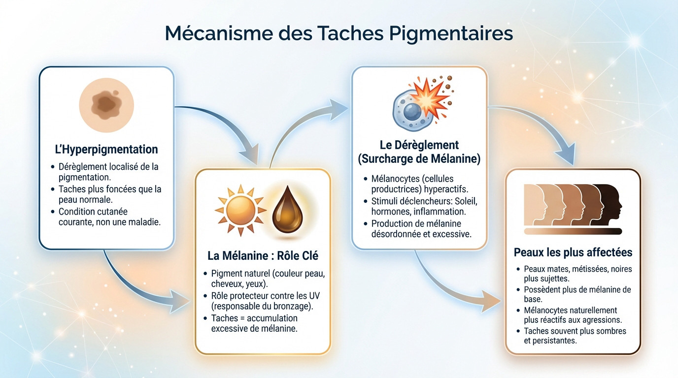 Schéma illustrant le mécanisme de formation des taches pigmentaires et l'action des mélanocytes sur la peau
